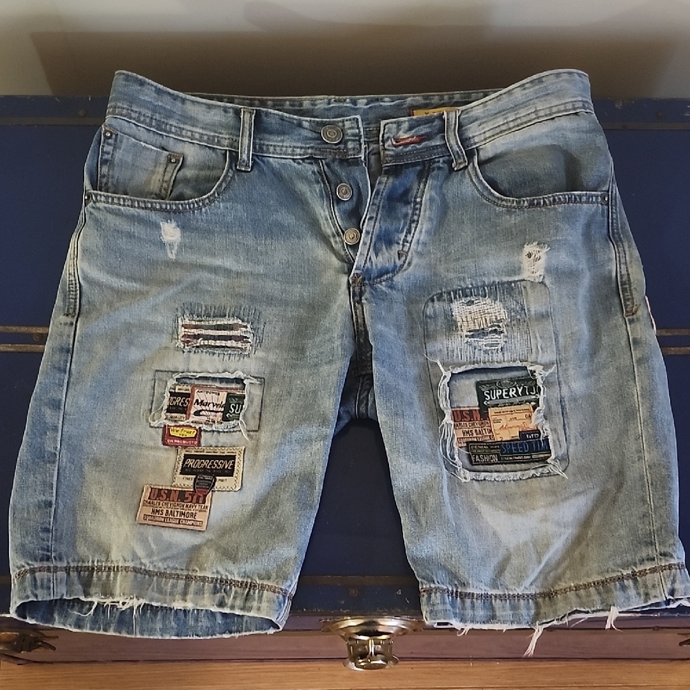 Men's Light Blue Distressed Jean Shorts